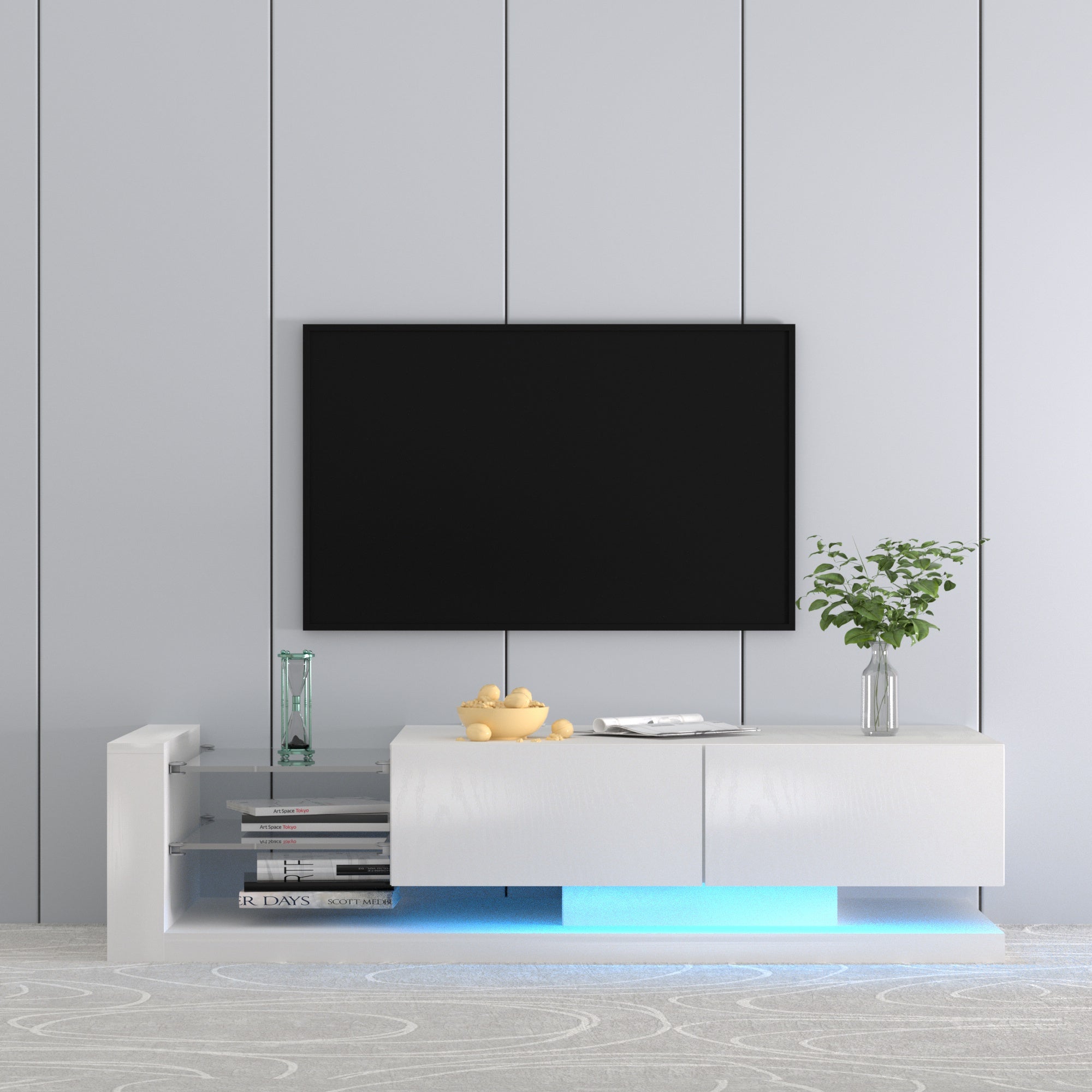 TV Console With Storage Cabinets, Full RGB Color 31 Modes Changing Lights Remote RGB LED TV Stand, Modern Entertainment Center White For 75 Inches TV