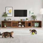 Mid-Century Modern 54.3 Extendable TV Stand Up To  With Cat House  Litter Box Enclosure  Walnut Wood Entertainment Center, Sliding Doors, Hidden Pet Furniture