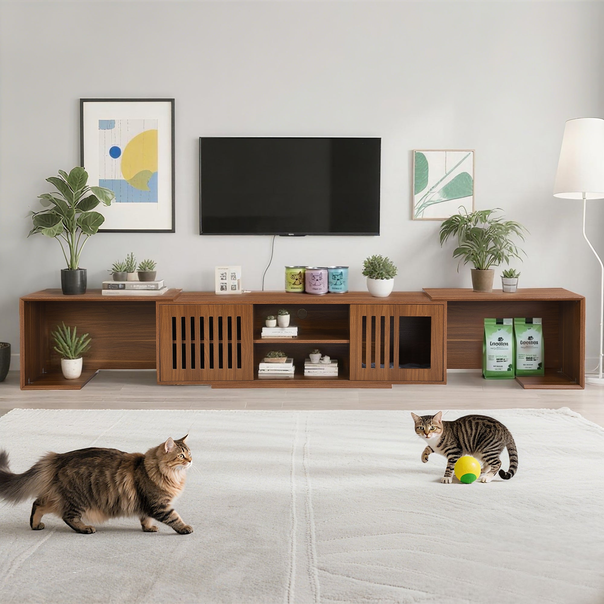 Mid-Century Modern 54.3 Extendable TV Stand Up To  With Cat House  Litter Box Enclosure  Walnut Wood Entertainment Center, Sliding Doors, Hidden Pet Furniture