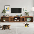 Mid-Century Modern 54.3 Extendable TV Stand Up To  With Cat House  Litter Box Enclosure  Walnut Wood Entertainment Center, Sliding Doors, Hidden Pet Furniture