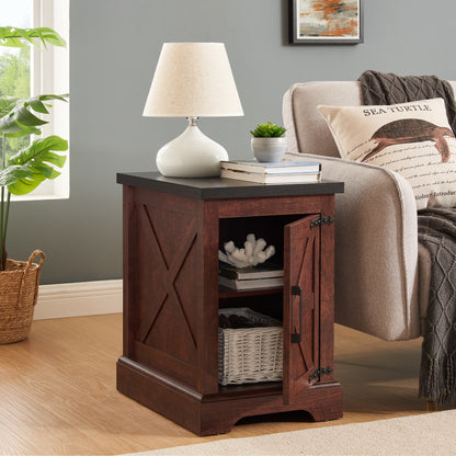 Farmhouse End Table Nightstand Rectangular Farmhouse End Table With Barn Door And Adjustable Storage Shelf, Rustic Sofa Side Table For Living Room, Bedroom, OAK