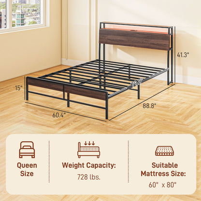 Queen Size Bed Frame with LED Lights and Charging Station, Queen Bed Frame with Storage Headboard, Noise-Free, Walnut