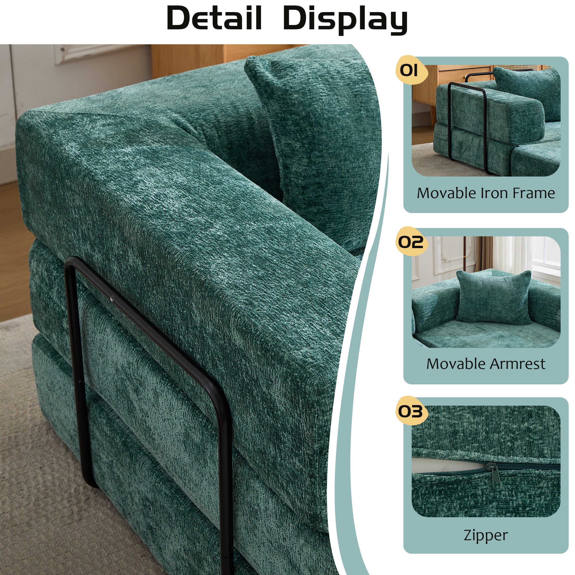Compression Sofa,Convertible Floor Sofa Bed With Fixed-Shape Frame, Boneless Modular Sectional Sofa,No Assembly Required,Chenille Fabric,for Living Room Bedroom,Dark Green