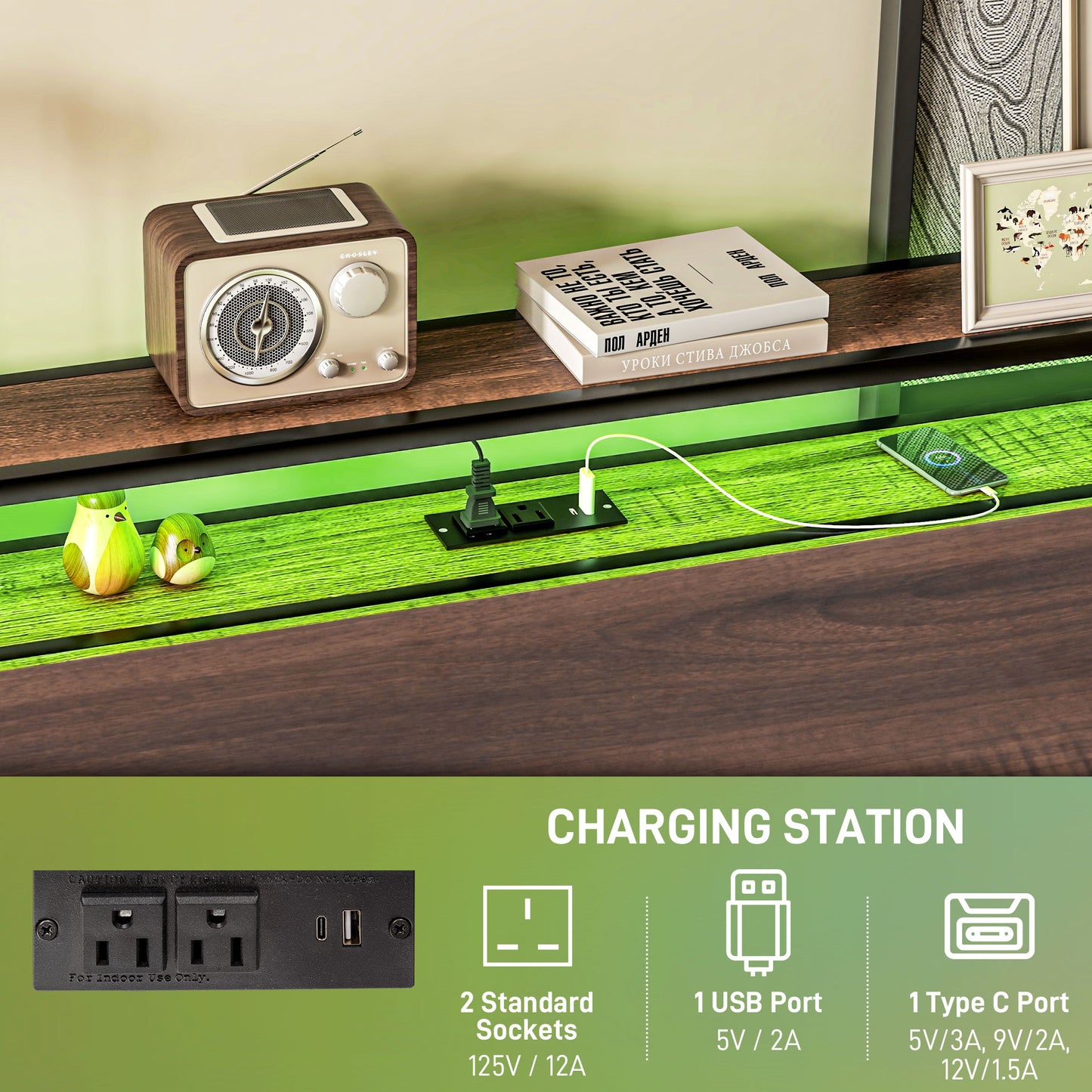 Queen Size Bed Frame with LED Lights and Charging Station, Queen Bed Frame with Storage Headboard, Noise-Free, Walnut