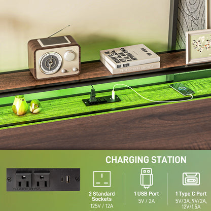 Queen Size Bed Frame with LED Lights and Charging Station, Queen Bed Frame with Storage Headboard, Noise-Free, Walnut