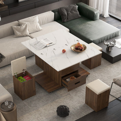 Modern Lift-Up Coffee Table With 4 Stools Set For Living Room Expandable 1 Hidden Storage 2 Drawers Space Saving Folding Dining Table