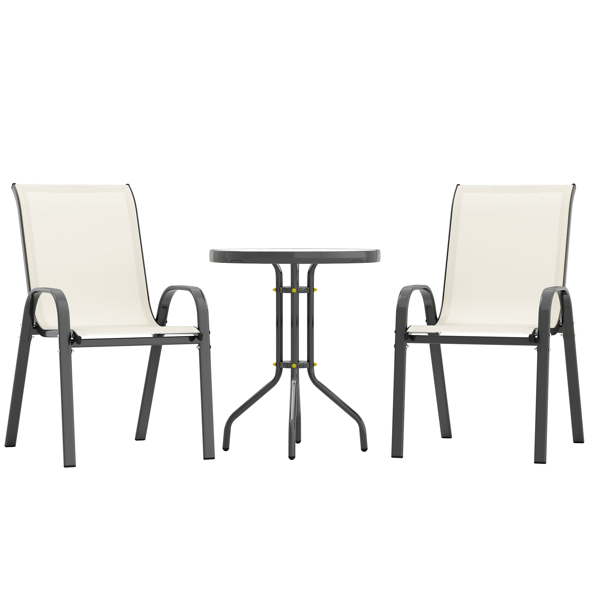 3 Pieces Bistro Set, Small Patio Furniture Set With Stackable Chairs And Glass Table For Backyard, Balcony, Beige