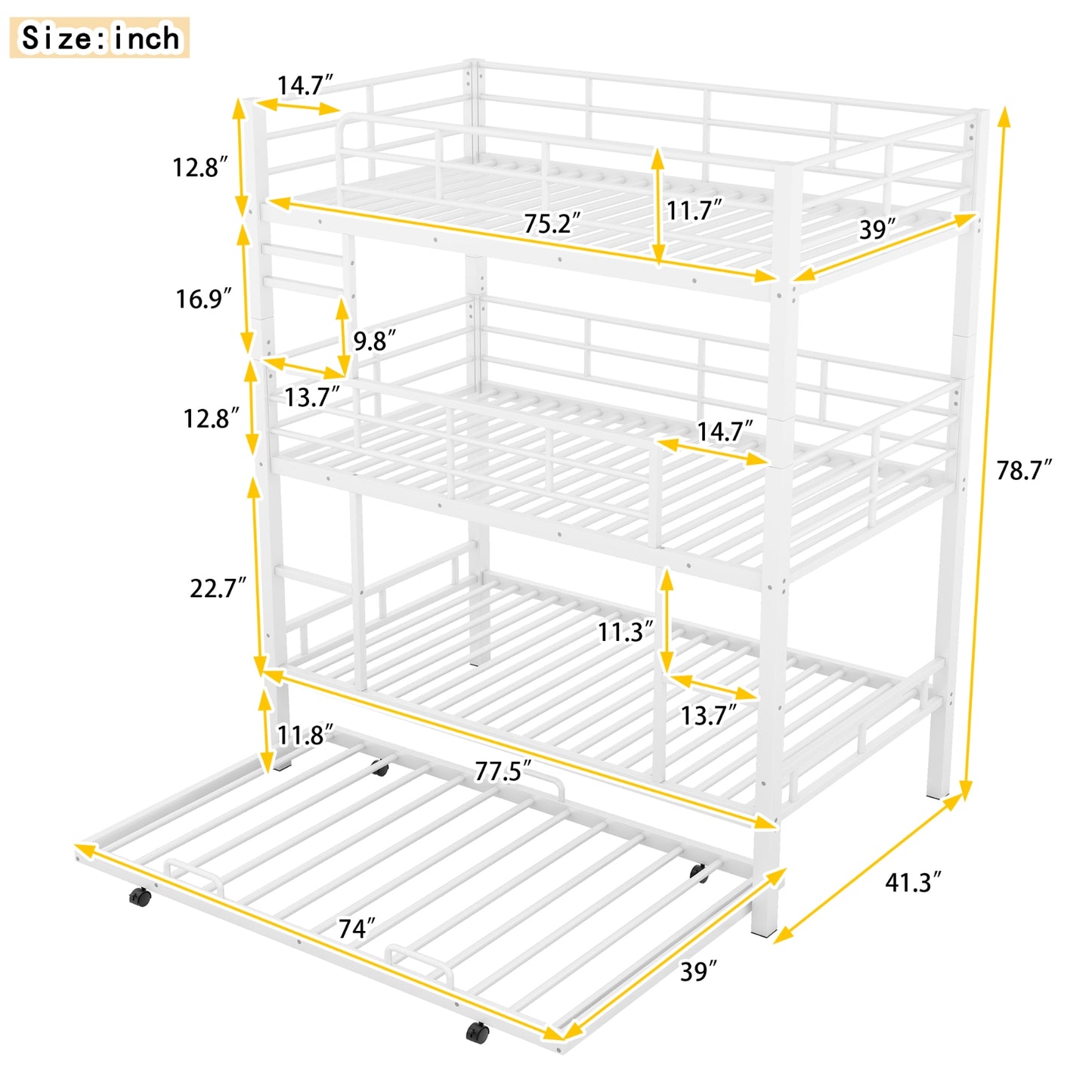 Metal Twin Size Triple Bunk Bed With Trundle, White