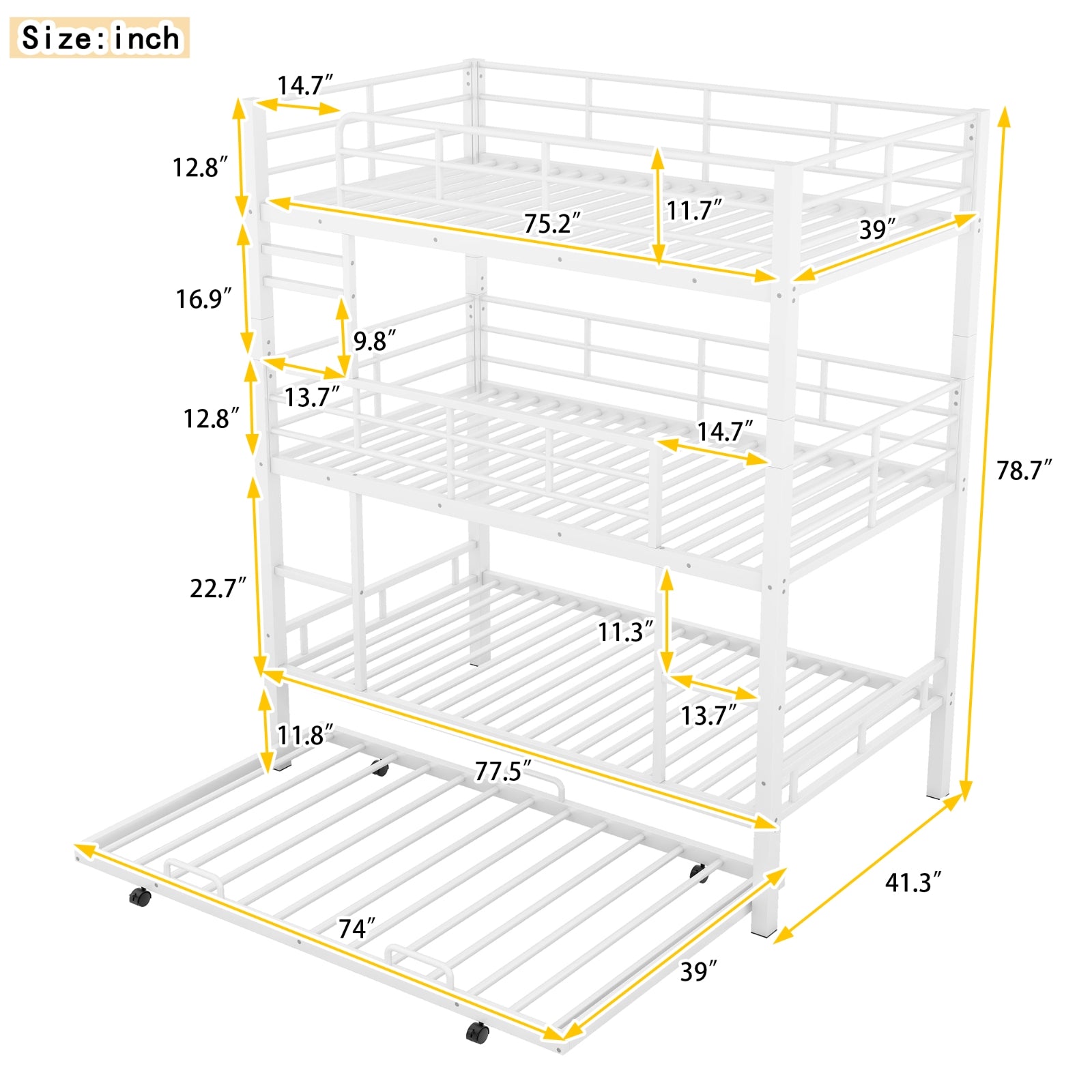 Metal Twin Size Triple Bunk Bed With Trundle, White