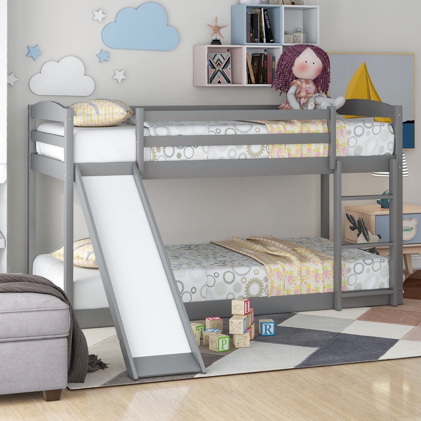 Gray Twin Twin Bunk Bed Convertible Slide Ladder