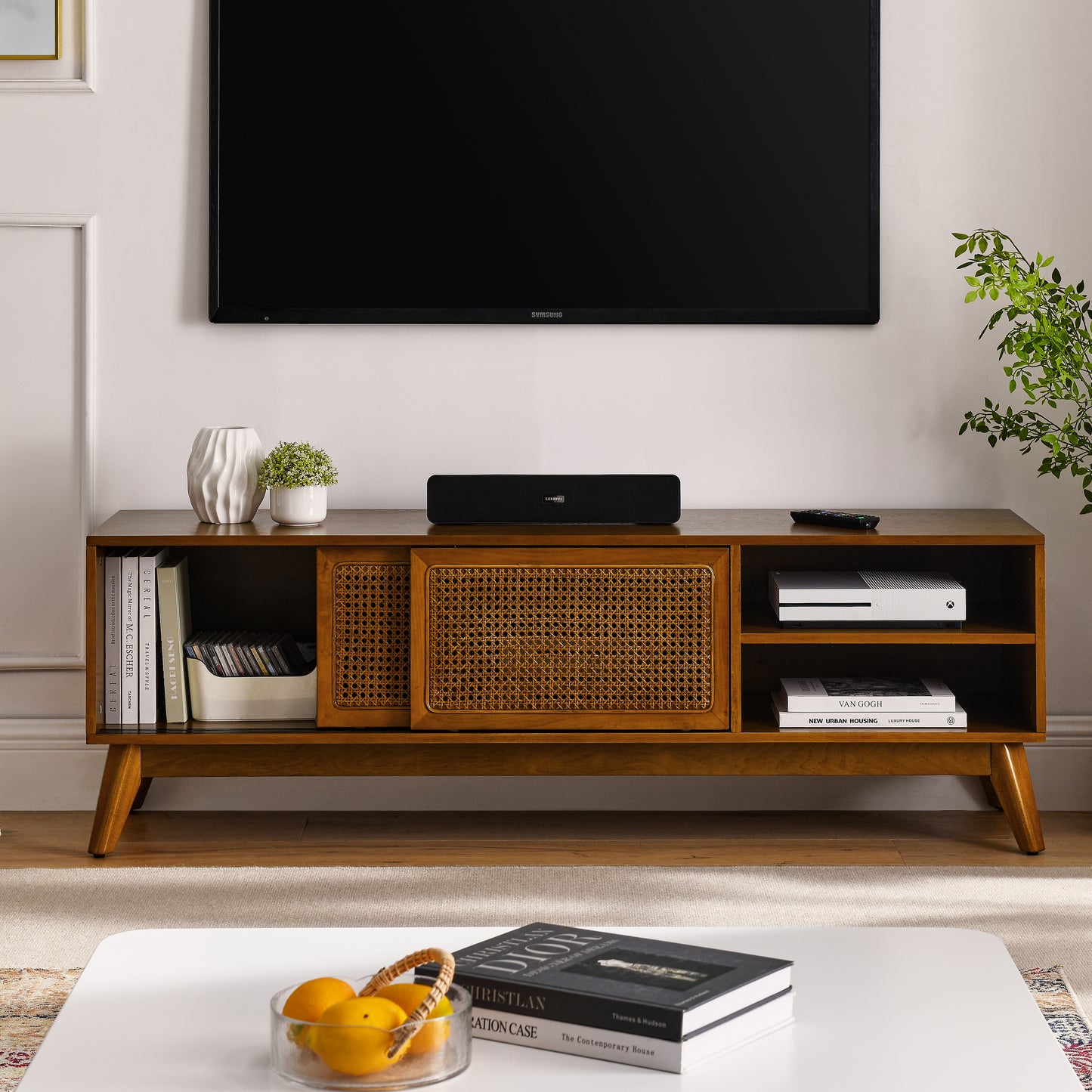 59 Inch Mid Century Modern Rattan TV Stand For 65 Inch TV, Entertainment Cabinet, Media Console For Living Room Media Room, Solid Wood Feet & Rattan Cabinet Doors - Light Wood