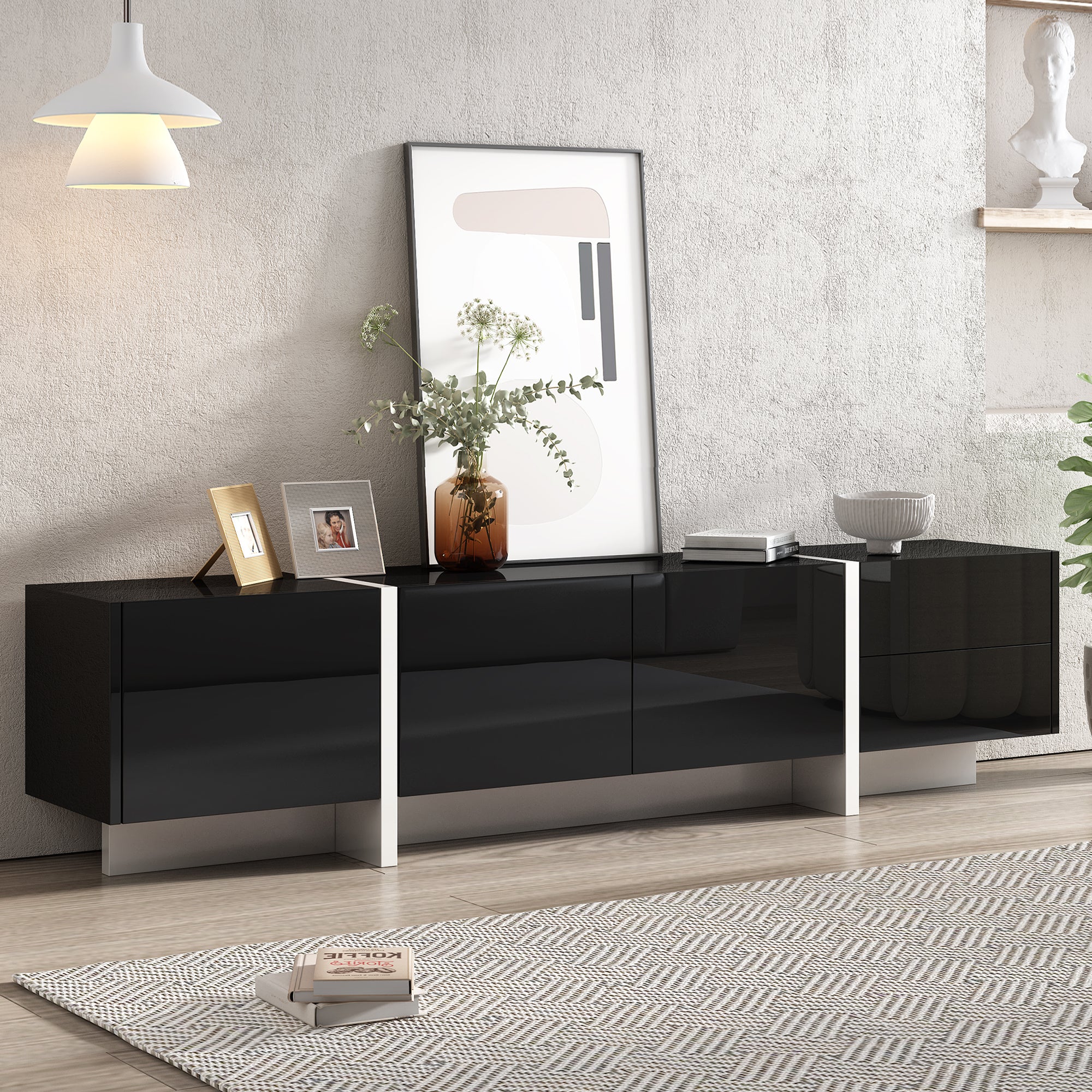 ON-TREND White & Black Contemporary Rectangle Design TV Stand, Unique Style TV Console Table For TVs Up To 80'', Modern TV Cabinet With High Gloss UV Surface For Living Room.