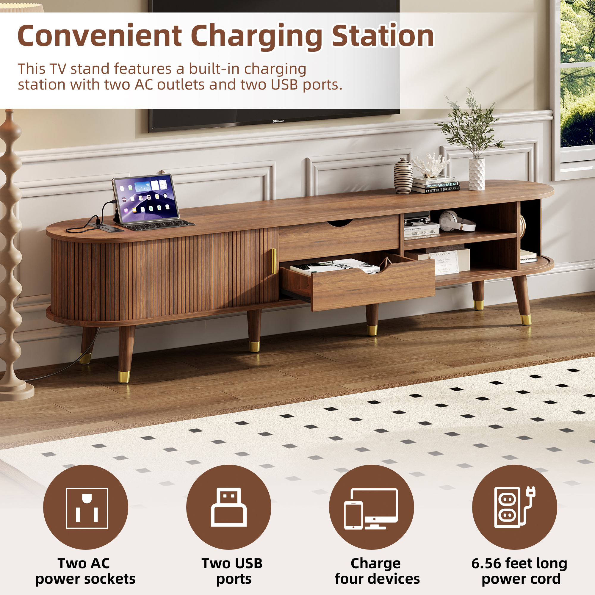 Assembly Video Wooden Oval Fluted TV Stand With Charging Station For TV Up To 80, Mid-Century Media Console With Sliding Tambour Door, Farmhouse TV Cabinet With Golden Handle For Living Room, Walnut