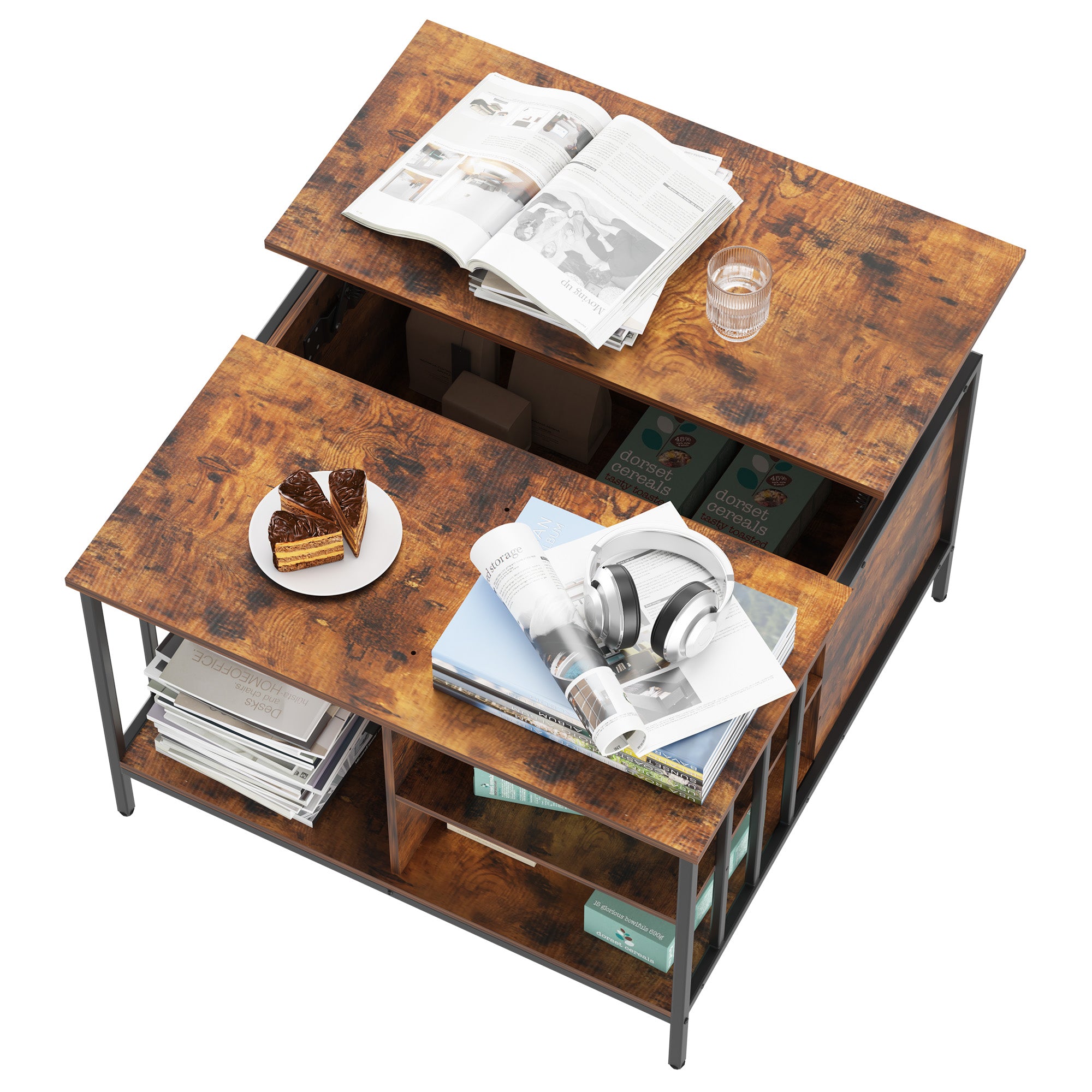 Farmhouse Lift Top Coffee Table With Storage Adjustable Height Living Room Table, Multifunctional Center For Family With Hidden Compartment & 3 Shelves110lbs Capacity, Easy To Clean