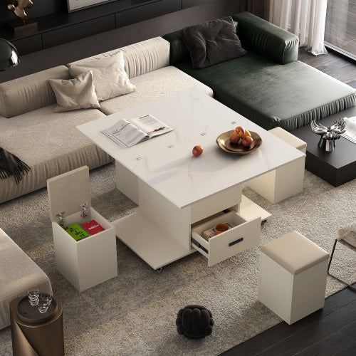 Modern Lift-Up Coffee Table With 4 Stools Set For Living Room Expandable 1 Hidden Storage 2 Drawers Space Saving Folding Dining Table