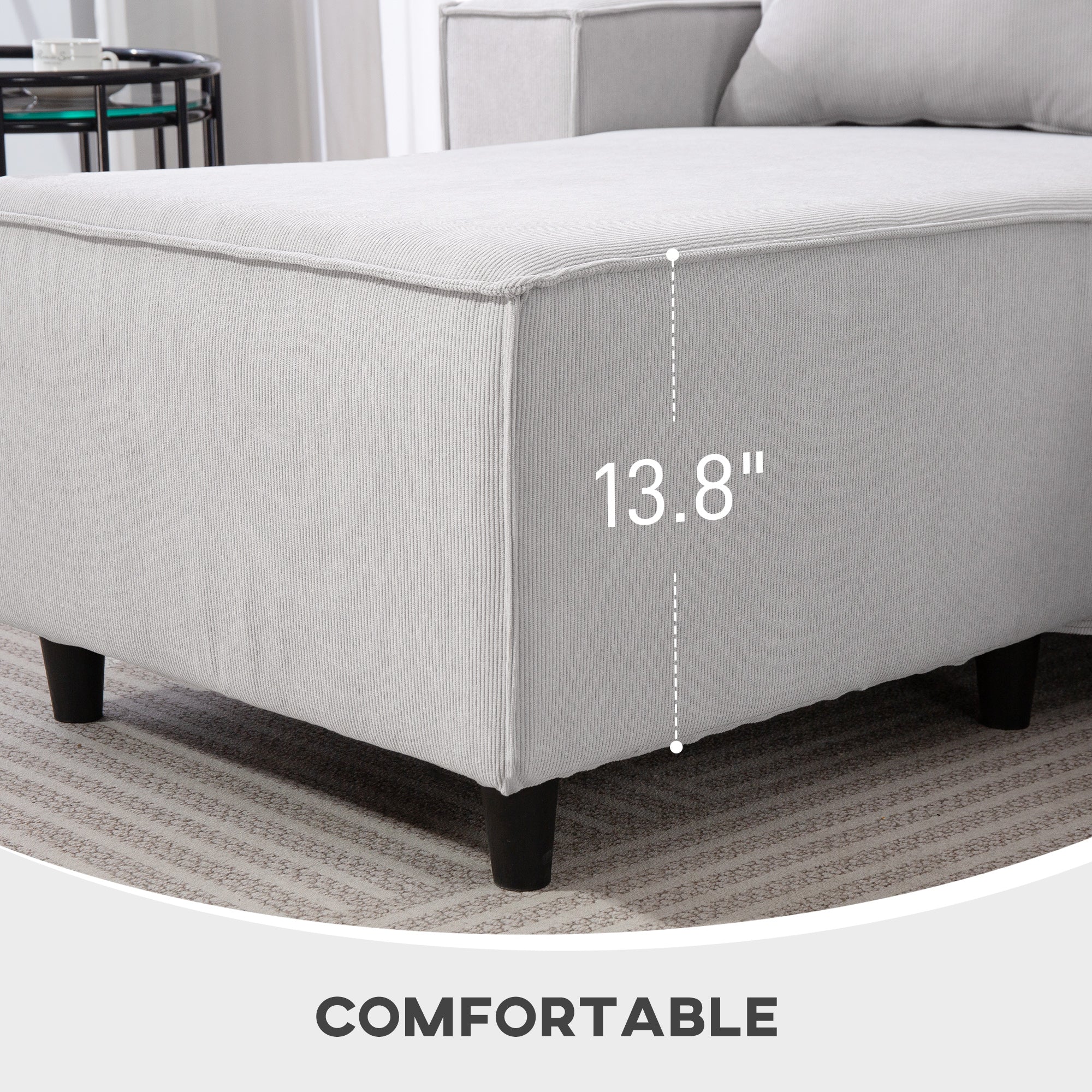 Corner Sofa with Reversible Chaise Lounge, Corduroy L-Shaped Sectional Sofa with Pocket Spring, Light Gray