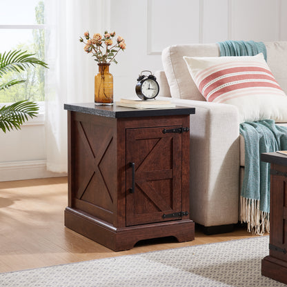 Farmhouse End Table Nightstand Rectangular Farmhouse End Table With Barn Door And Adjustable Storage Shelf, Rustic Sofa Side Table For Living Room, Bedroom, OAK