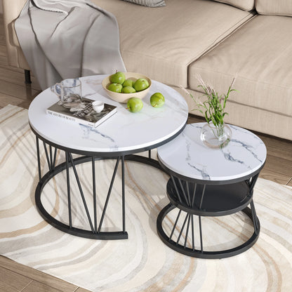 Anajqaqia Round Coffee Table Set of 2, Living Room Table with Storage Space, Marble Look and Metal Frame, Side Table, Black