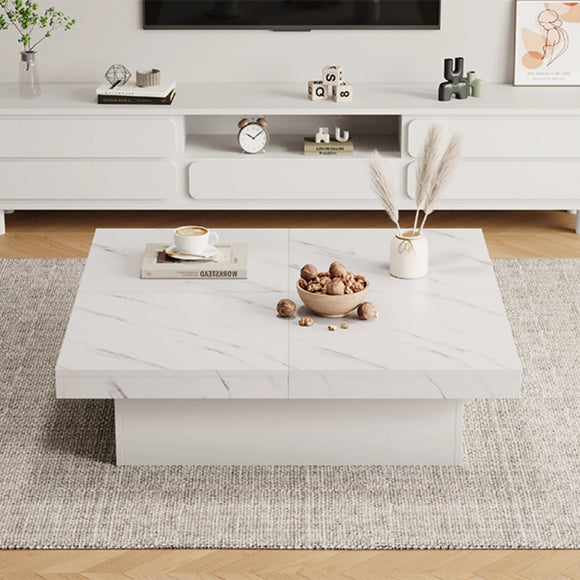 Square coffee table table with marble look, 90x90x25 cm-Four drawers, sliding table top, load-bearing up to 30 kg