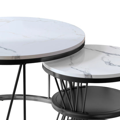 Anajqaqia Round Coffee Table Set of 2, Living Room Table with Storage Space, Marble Look and Metal Frame, Side Table, Black