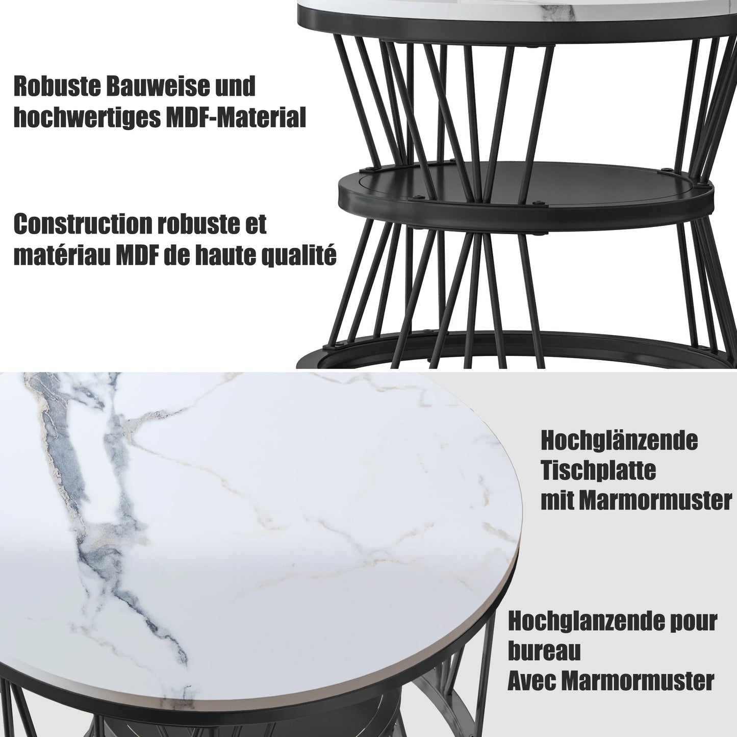 Anajqaqia Round Coffee Table Set of 2, Living Room Table with Storage Space, Marble Look and Metal Frame, Side Table, Black
