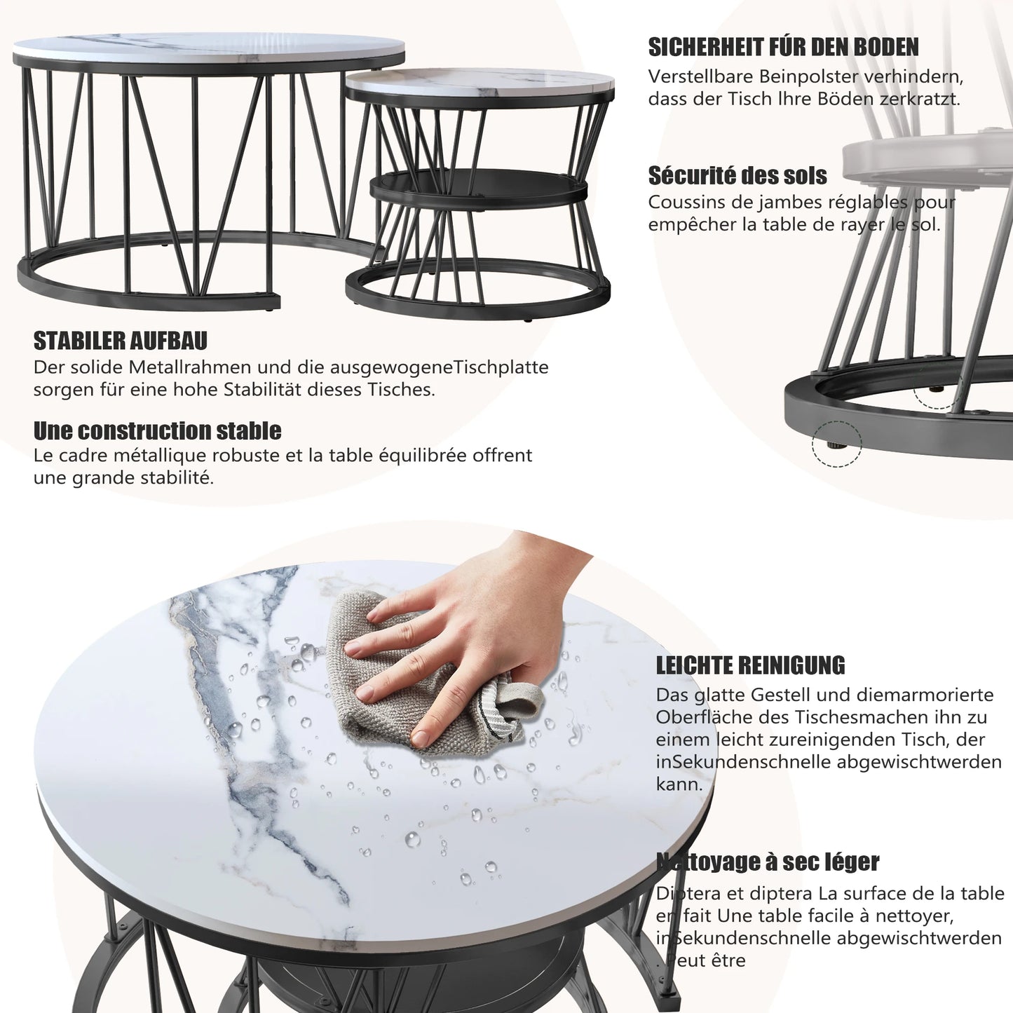 Anajqaqia Round Coffee Table Set of 2, Living Room Table with Storage Space, Marble Look and Metal Frame, Side Table, Black