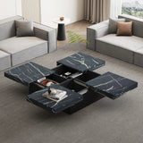 Square coffee table table with marble look, 90x90x25 cm-Four drawers, sliding table top, load-bearing up to 30 kg