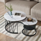 Anajqaqia Round Coffee Table Set of 2, Living Room Table with Storage Space, Marble Look and Metal Frame, Side Table, Black