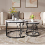 Anajqaqia Round Coffee Table Set of 2, Living Room Table with Storage Space, Marble Look and Metal Frame, Side Table, Black
