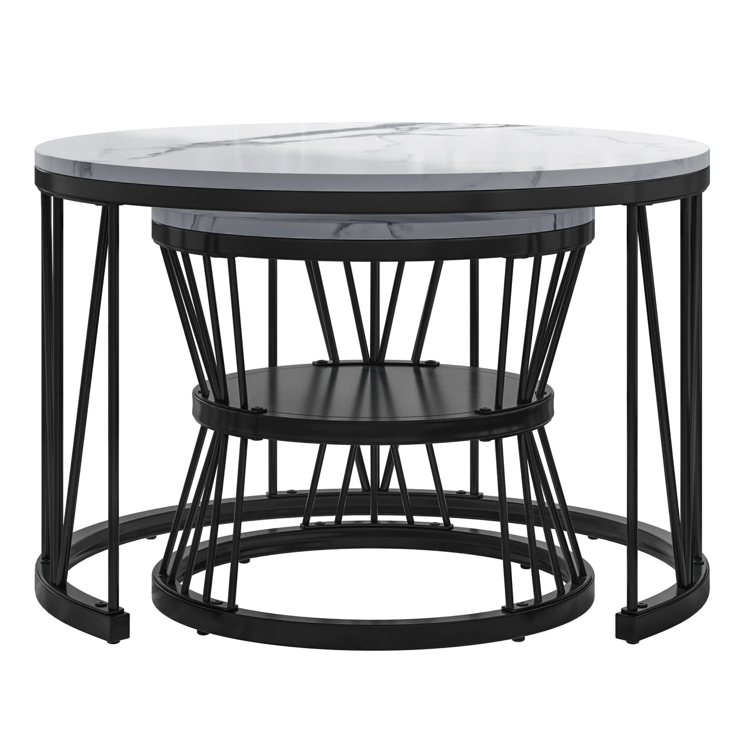 Anajqaqia Round Coffee Table Set of 2, Living Room Table with Storage Space, Marble Look and Metal Frame, Side Table, Black