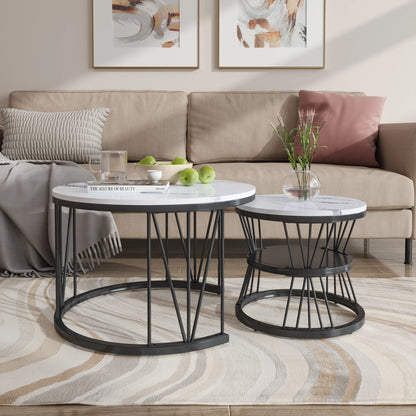 Anajqaqia Round Coffee Table Set of 2, Living Room Table with Storage Space, Marble Look and Metal Frame, Side Table, Black