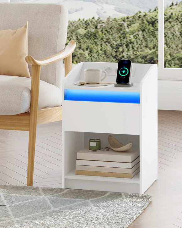 Hzuaneri Bedside Table with LED Light, Bedside Cabinet with Charging Station, 1 Storage Drawer Nightstand for Bedroom