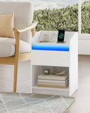 Hzuaneri Bedside Table with LED Light, Bedside Cabinet with Charging Station, 1 Storage Drawer Nightstand for Bedroom