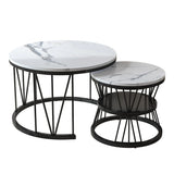 Anajqaqia Round Coffee Table Set of 2, Living Room Table with Storage Space, Marble Look and Metal Frame, Side Table, Black