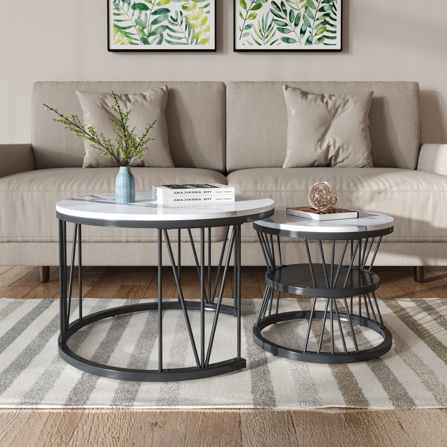Anajqaqia Round Coffee Table Set of 2, Living Room Table with Storage Space, Marble Look and Metal Frame, Side Table, Black