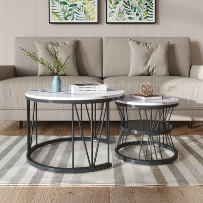 Anajqaqia Round Coffee Table Set of 2, Living Room Table with Storage Space, Marble Look and Metal Frame, Side Table, Black