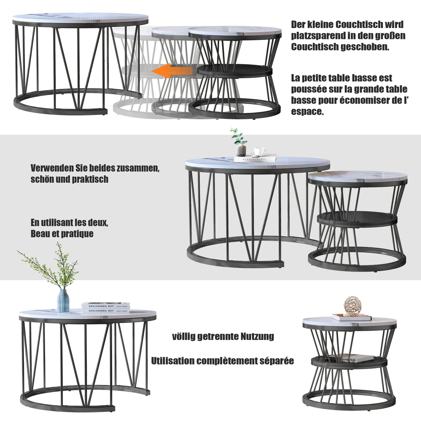 Anajqaqia Round Coffee Table Set of 2, Living Room Table with Storage Space, Marble Look and Metal Frame, Side Table, Black