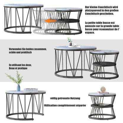 Anajqaqia Round Coffee Table Set of 2, Living Room Table with Storage Space, Marble Look and Metal Frame, Side Table, Black