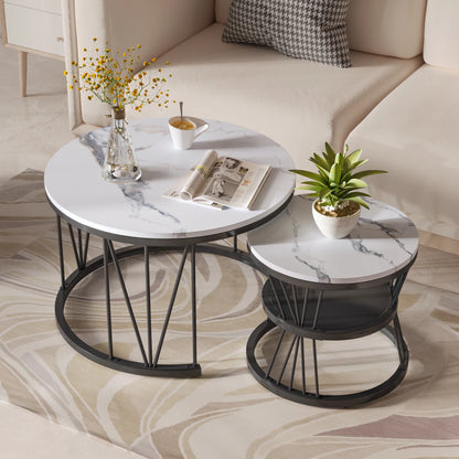 Anajqaqia Round Coffee Table Set of 2, Living Room Table with Storage Space, Marble Look and Metal Frame, Side Table, Black