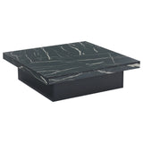 Square coffee table table with marble look, 90x90x25 cm-Four drawers, sliding table top, load-bearing up to 30 kg