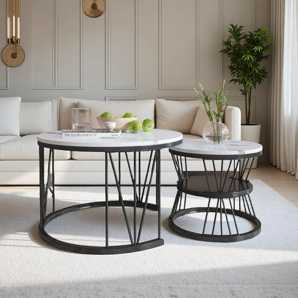 Anajqaqia Round Coffee Table Set of 2, Living Room Table with Storage Space, Marble Look and Metal Frame, Side Table, Black