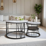 Anajqaqia Round Coffee Table Set of 2, Living Room Table with Storage Space, Marble Look and Metal Frame, Side Table, Black