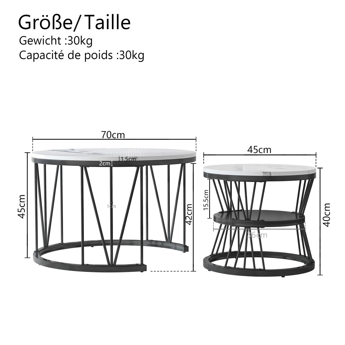 Anajqaqia Round Coffee Table Set of 2, Living Room Table with Storage Space, Marble Look and Metal Frame, Side Table, Black