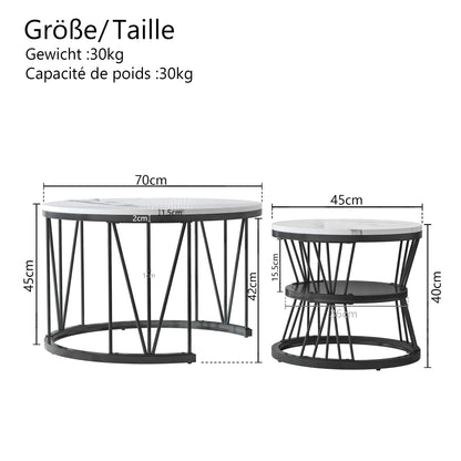 Anajqaqia Round Coffee Table Set of 2, Living Room Table with Storage Space, Marble Look and Metal Frame, Side Table, Black