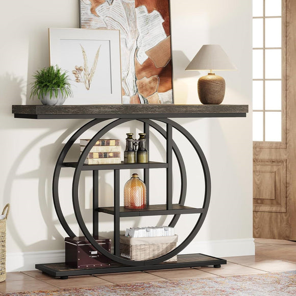 Modern 41-inch Circular Base Foyer Entryway Table with Black Wood Finish Shelves