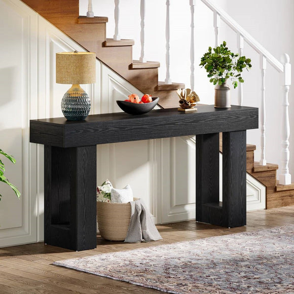 Modern Farmhouse 63-inch Narrow Entryway Console Sofa Table in Black Wood Finish