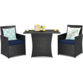3-Piece Patio Furniture Outdoor Dining Set Brown PE Rattan Navy Blue Cushions