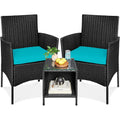 3-Piece Black PE Wicker Outdoor Dining Patio Furniture Set w/ Teal Blue Cushions