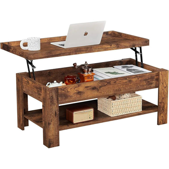 Modern Lift Top Coffee Table with Storage Shelf in Brown Wood Finish