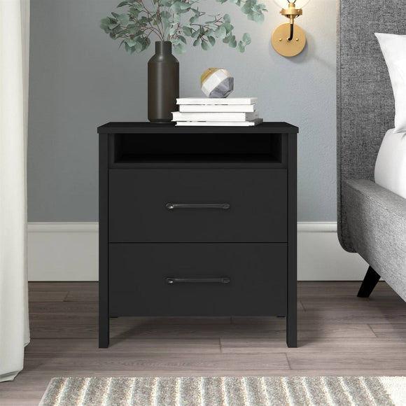 Modern 2-Drawer Nightstand Bedside Table in Black Wood Finish
